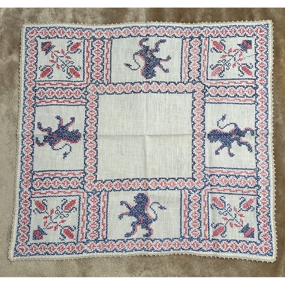 Vintage Handmade Cross Stitch Table Cloth Cover Square Linen Royalty 26x24‎